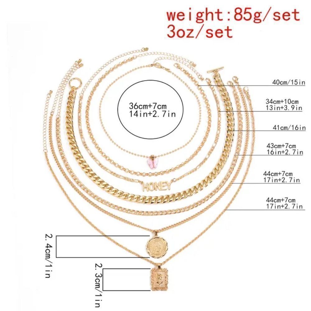 Gold and Pink 7 Layered Necklace with Pendant Details - Picture 5 of 7
